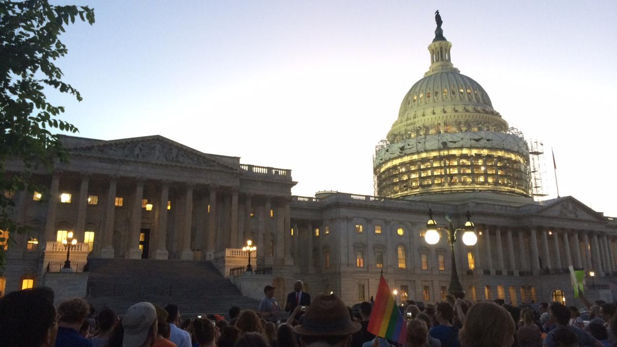 Supporters of the House Democrats sit in outside the U.S. Capitol building