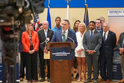 General Dynamics-Electric Boat President Mark Rayha speaks at a press conference.