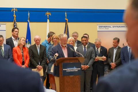 President of the Metal Trades Council of New London County, AFL-CIO Peter Baker speaks at a press conference.