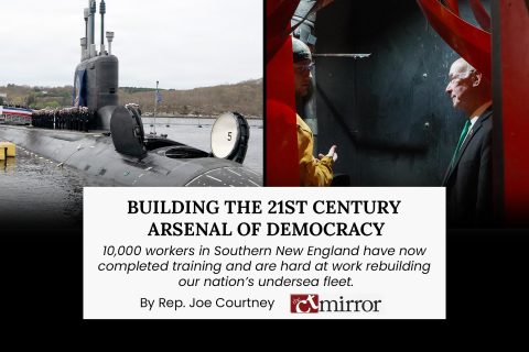 A split screen image of the submarine on the the left and Rep. Joe Courtney speaking to a welding student on the right with a headline graphic overlayed