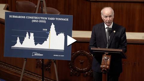 An image of Rep. Joe Courtney speaking on the House floor with a play button overlayed.