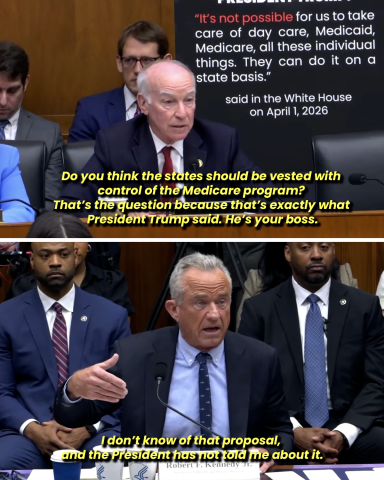 An image showing Rep. Courtney asking Sec. Kennedy if he supports President Trump's position that Medicaid and Medicare should be sent to the states.