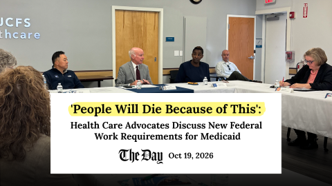 An image of Rep. Courtney speaking a roundtable event with a headline from the Day overlayed.