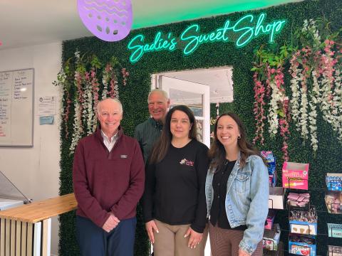 Rep. Joe Courtney stands with Sadie's Sweet Shop owner Jennafer Peraz, Legislative Committee, Northeastern CT Chamber of Commerce Legislative Committee Member, and Executive Director of the Northeastern CT Chamber of Commerce Elle-Jordyn Sherman