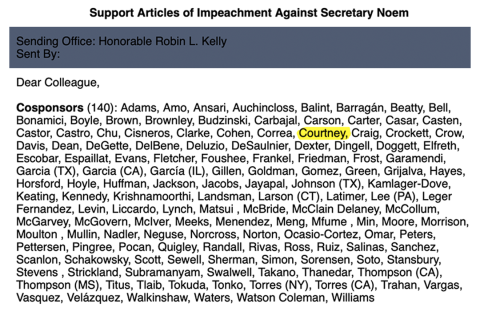 A screenshot of a dear colleague email from Rep. Robin Kelly’s office. The email lists consponsors of Rep. Kelly impeachment resolution against Secretary Kristi Noem, including Rep. Joe Courtney.